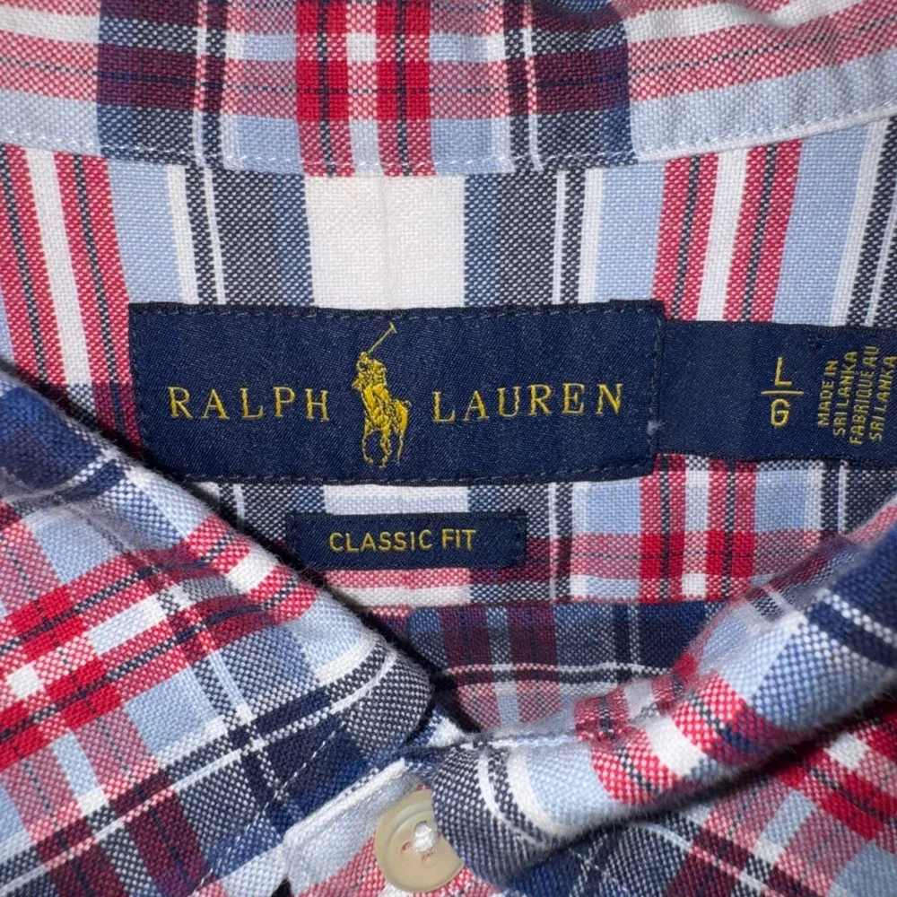 Men Large Ralph Lauren Polo  Button Down Shirt Plaid Excellent Short Sleeve